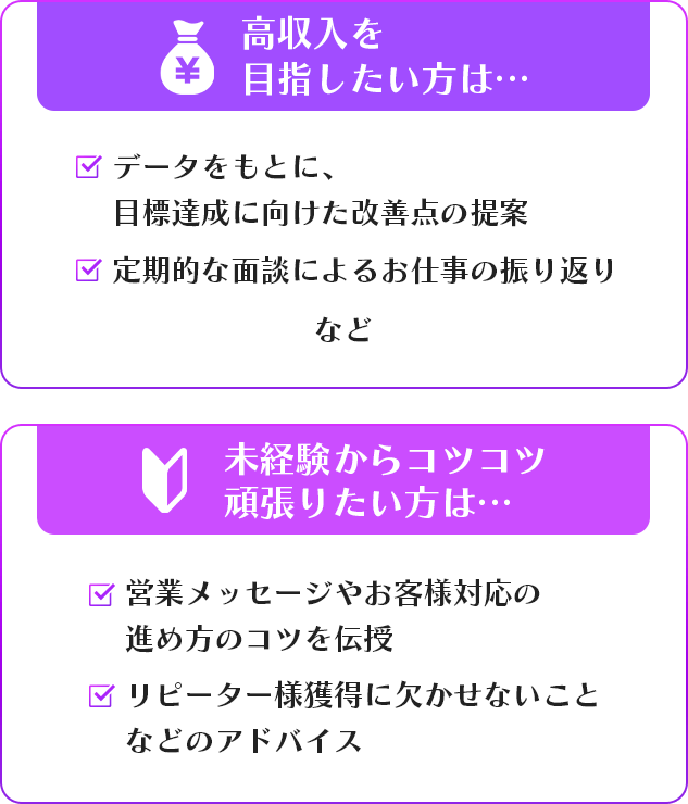 高収入を目指したい方、未経験からコツコツ頑張りたい方