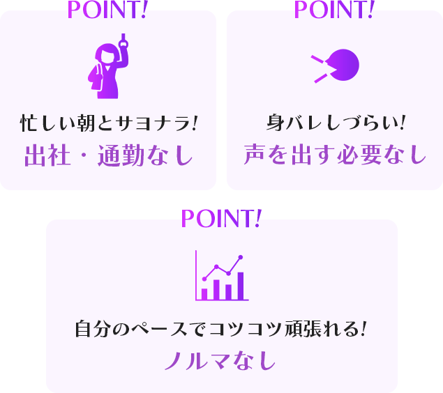 忙しい朝とサヨナラ!出社・出勤なし、身バレしづらい!声を出す必要なし、自分のペースでコツコツ頑張れる!ノルマなし